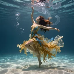 a beautiful woman with long hair dancing underwater wearing a very long flowing dress made of many translucent layers of gold and blue lace seaweed, caustics lighting from above shines on the sandy bottom, bubbles flicker with large translucent swirling shapes in the background, octane render, cinematic, hyperdetailed
