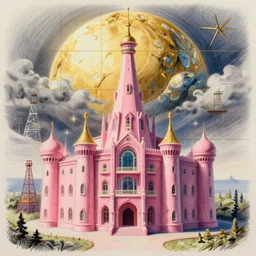 corlaine in the pink palace, colored pencil crosshatch, Golden ratio, Oil rig, solarpunk