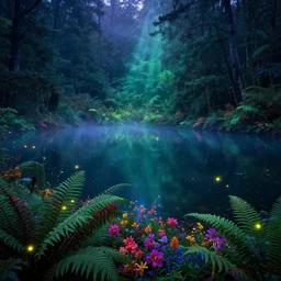 photograph of a beautiful lake lake lake in a dense mystic forest, colored flowers, mystic hues, bioluminescence bioluminescence , breathtaking lights shining, psychedelic fern, tyndall effect, fireflies fireflies fireflies fireflies, dense forest, foggy, 4k, hyper detailed, Acid Pixie, by thomas kinkade and lee madgwick