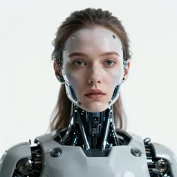 photo of young woman, medium close up, with robotic parts over her face and shoulders, and small led lights, white background, from the movie 2001 A Space Odyssey