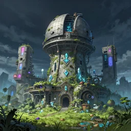 a beautiful ultradetailed anime illustration of abandoned urbex city architecture nature unfinished building observatory building by antoine predock, crystal myst neon signs meadow tron azeroth evil thermal imaging nightvision water steampunk reclaimed by nature, archdaily, wallpaper, highly detailed, trending on artstation.