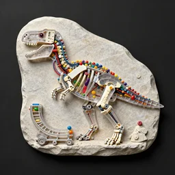 shaped stone relief, electron microscopy Simple translucent mechanic bionic lego dinosaur skeleton dissection sculpture made from rollercoaster, with colorfull jellybeans organs, cables, wires and tubes, by david lachapelle, by angus mckie, by rhads, on a black wall, c4d