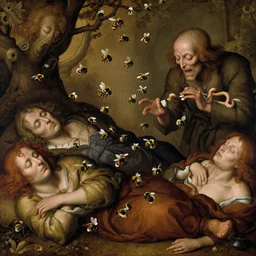 a swarm of bumblebees attacking sleeping people in hell, art by bosch, highly detailed, masterpiece