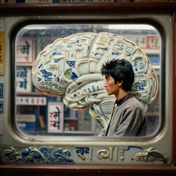 fuji gfx, 2 0 0 mm ; beautiful hyperrealistic film still from nepal movie of wired devanagari brain map scene in style of 1 9 9 0 s frontiers in miniature porcelain retrofuturism deep emboss macro design architectural art studio photography magazine devanagari banner still life seinen manga extreme closeup portrait edition, real - life shinkansen window view porcelain izakaya sign, highly detailed