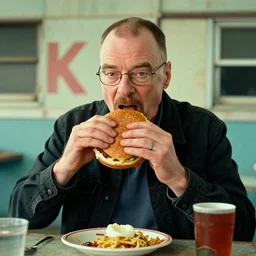 walter white eating spicy hamburgers, in the trailer park, 4 k, uhd, rich moody colors by annie leibovitz