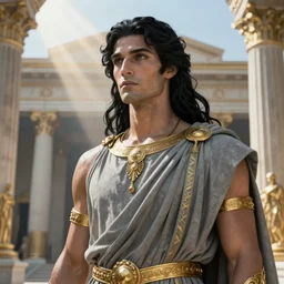 portrait, androgynous zagreus, chtonic god, grey greek robe, long black hair, ancient greek palace, very detailed, ornate, gold jewelry, character illustration, crepuscular rays, soft lighting, octane render, greg rutkowski, alphonse mucha, sung choi, 8 k, vibrant