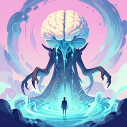 cthulhu, gelatin brains, vortices micro water, lovecraftian, pixiv fanbox, dramatic lighting, maximalist pastel color palette, splatter paint, pixar and disney concept, graphic novel by fiona staples and dustin nguyen, peter elson alan bean wangechi mutu, clean cel shaded vector art, on artstation