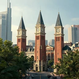 colonial skyscrapers clock towers made of brick and old details, many trees on street, light cinematic, volumetric, realistic, cinematic lighting, ray tracing, unreal engine 5, octane render, hyper realistic, photo, 8 k