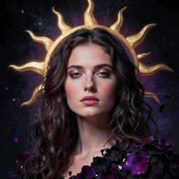 the goddess of the sun by Peter mohrbacher, hyper realistic, octane render, stardust in atmosphere, black and purple rose petals , realistic hair, award winning artwork, trending on artstation, high quality printing, fine art with subtle redshift rendering