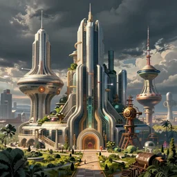 photorealistic image of a retro futurism, solarpunk, biopunk, cyberpunk, steampunk, naturecore, by roger dean, by dean ellis