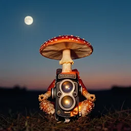photograph taken by a rolleiflex tlr, 1 2 0 mm, portrait, a fly agaric mushroom shaped like a human, meditating, sunset, shot by ryan mcginley, moon in sky, night time