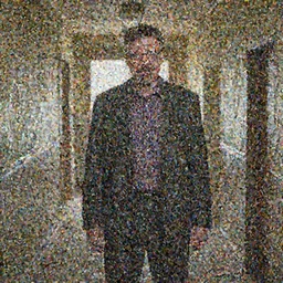“High quality screenshot of Walter White as Two-face standing in the middle of a destroyed hallway, award-winning”