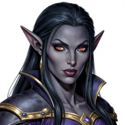 manga line art portrait of a beautiful high-fantasy dark elf with dark grey skin (Viconia from Baldur's Gate 2), very detailed, realistic, colorful