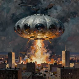 oil painting by zdzlaw beksinski of an alien craft nuking a city.