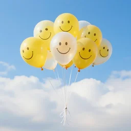 birthday balloons with smiley faces floating in the clouds