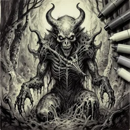 complex black ink copic markers spiritual horror lsd art in muted colors disturbing grunge still of a lovecraftian demon, digital art, comic book, by todd mcfarlane, by moebius