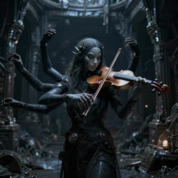 a portrait of a mysterious being with many arms playing fiddle in an enclosed dark damp liminal post apocalyptic space, unreal engine, intricate details, ultra realism atmosph, by beksinski