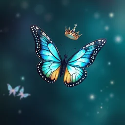 butterfly wearing a crown with diamond wings flying over a fairy