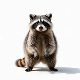 playful raccoon, photorealistic wildlife photography, full body, isolated on a pure white background, centered, entire subject in frame, sharp focus, soft studio lighting