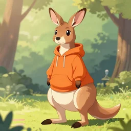 an anthropomorphic kangaroo wearing an orange hoodie at a park, trending on pixiv, detailed, anime, pastel colors, dramatic lighting, by kawacy, trending on furaffinity, furry art