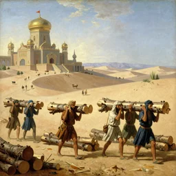 this historical 1 7 9 0 s painting depicts a scene from a fantastical empire that is a mix of middle eastern and scandinavian cultures. the main export of this empire is lumber, and the painting shows a group of workers carrying lumber through a desert landscape.