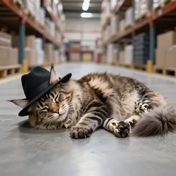 picture of frostmourne the skeletal maine coon cat wearing fedora sleeping on amazon warehouse factory floor