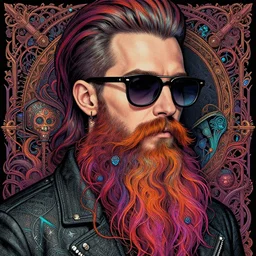 detailed hipster skinny man with vrsunglasses, long vibrant beard, dmt, by james gurney + intricate and vibrant work + portrait + trending on artstation + incredible gothic illustration + exquisite detail