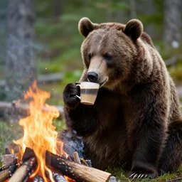 a candid photo of a bear drinking a coffee by the campfire