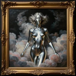 an ornately framed painting of a chrome woman surrounded by beautiful clouds. pulp sci - fi art. high contrast. dark background. baroque period, oil on canvas. renaissance masterpiece. trending on artstation. retrofuturism.