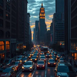 beautiful matte painting traffic jam on the streets of neo new york in evening by greg rutkowski, 4 k, extreme details