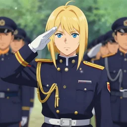 key visual concept art, portrait of stern anime girl blonde hair blue eyes wearing formal military dress uniform saluting at a full honors military funeral, somber, rule of thirds golden ratio, fake detail, trending pixiv fanbox, acrylic palette knife, style of shinkai makoto studio ghibli genshin impact