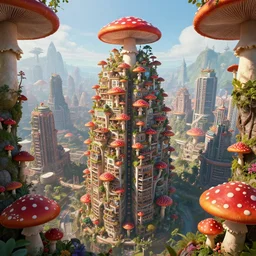 a single centered magnificent mushroom skyscraper hotel, heavily populated and full of life, red mushroom with white spots, mushroom fairy forest solarpunk city, unreal engine 5, immense sense of scale, digital art, by beeple, by noriyoshi ohrai, trending on artstation