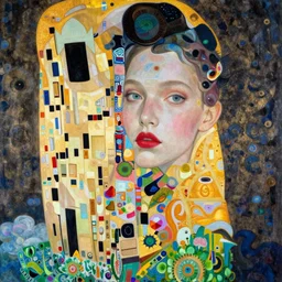a close up of beautiful girl flying through the clouds surrounded by colourful intricate patterns, by gustave klimt edgar maxence and caravaggio and michael whelan, intricate painting, hyper realistic, extremely detailed and beautiful aesthetic face, 8 k resolution