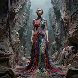 woman inspired by zdzislaw beksinski, canyon, clothes made out of veins, rgb, cables everywhere, bedroom, ultra realistic, concept art, intricate details, highly detailed, photorealistic, octane render, 8 k
