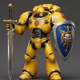 human-sized strong intricate yellow pit droid carrying very detailed perfect antique great sword and beautiful large paladin shield, pancake short large head, exposed metal bones, painterly humanoid mecha, epic glorious, by Greg Rutkowski