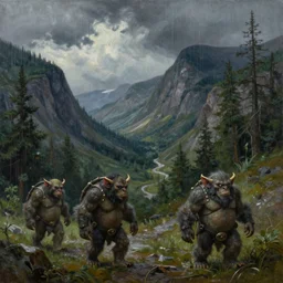 Troll Hunters Crossing a Forested Mountain Pass in the Rain, oil painting, moody