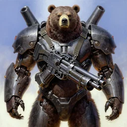 a giant machine gun strapped to an intense mechanical bear, by shigenori soejima, by frank frazetta, by thomas kinkade, by ilya kuvshinov, digital painting masterpiece, beautiful brush strokes, advanced lighting technology, symmetry!!!, accurate and realistic faces and anatomy