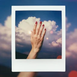 weathered old analog polaroid portrait photograph of a beautiful slim female hand with red nail polish, summer, azure sky, big clouds visible, lensflare, sunlight, glare, depth of field, bokeh, filmgrain, red color bleed