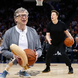 Bill Gates and Elon Musk playing basketball together