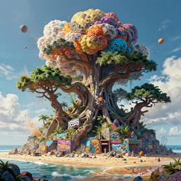 an impressive cinematic shot photo of a great big bonzai beach island caustics cumulo nuclear volumetric dynamic fluid simulation lighting impressive masterpiece graffiti hyper perspective textured detailed intricate sharp focus 8 k realistic illustration canon eos r 3 fujifilm x - t 3 0 sony alpha, by james gurney tooth wu artgerm colorful
