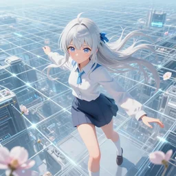 1 highly detailed anime girl by davinci trying to escape a vast technological grid, bloom effect, stunning and pretty face and eyes, pixiv contest winner, dark scenic hi - tech atmosphere