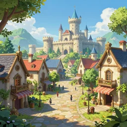 a medieval steampunk fantasy town square, vibrant colors, castle in the distance, sunny day, final fantasy, verdant flora and gigantic trees, god rays, bloom, cinematic lighting, by yoshitaka amano, by ruan jia, by conrad roset, by mucha, by bouguereau, cgsociety, artstation.