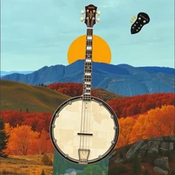 a banjo emerging behind the blue ridge mountain range, a sunrise, the banjo is the sun, collage art