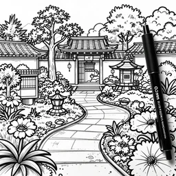 japanese magical garden, 0. 3 mm black fineliner, doodle, monochromatic, textless, scanned image