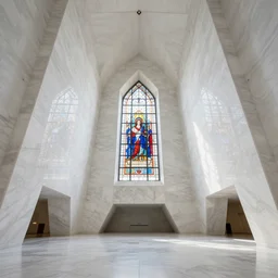 white marble interior photograph, carved cathedral, brutalist, shiny, angular, stained glass window, expansive, by louis kahn and moshe safdie