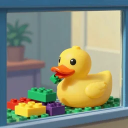 rubber duckie eating Lego bricks in the style of Edward hopper