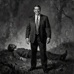 Ted Cruz with a wide grin standing on a hill with a dead body in the background, black and white, creepy lighting, scary, horror, ornate, eerie, fear, oil painting