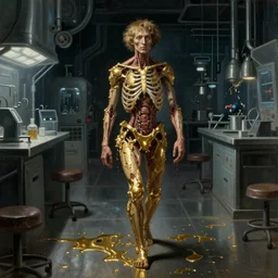 realistic Courbet painting of a sci-fi laboratory at night, walking dressed ragged humaoid made guts and veins dripping golden shiny metalic fluid from ribcage to the floor. liquid shiny pool of gold on the floor.