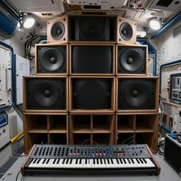 giant speaker system music recording studio in the interior of an international space station. electronic dj equipment, modular synthesizer. photorealistic 35mm 4k cgsociety