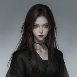 dark fantasy brunette student, pale, headshot portrait, wide angle view, highly detailed, qichao wang, artgerm, cushart krenz, zeronis, trending on artstation, soft light, sharp edges, illustration, character design, concept art
